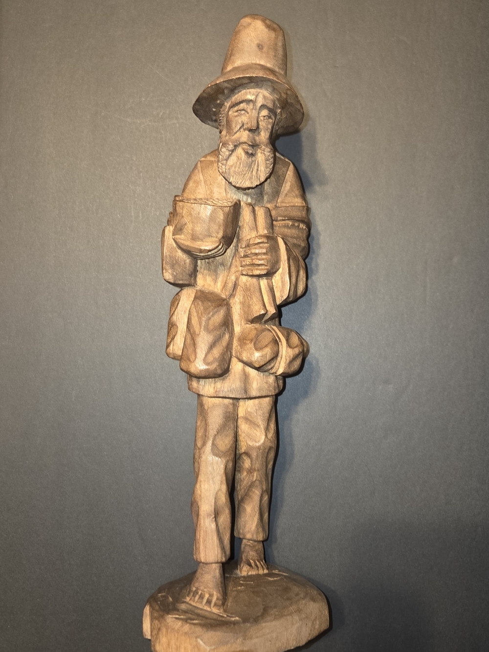 Hand Carved Brown Wood Man Figurine w/ Backpack Pack Basket, 15 in Tall